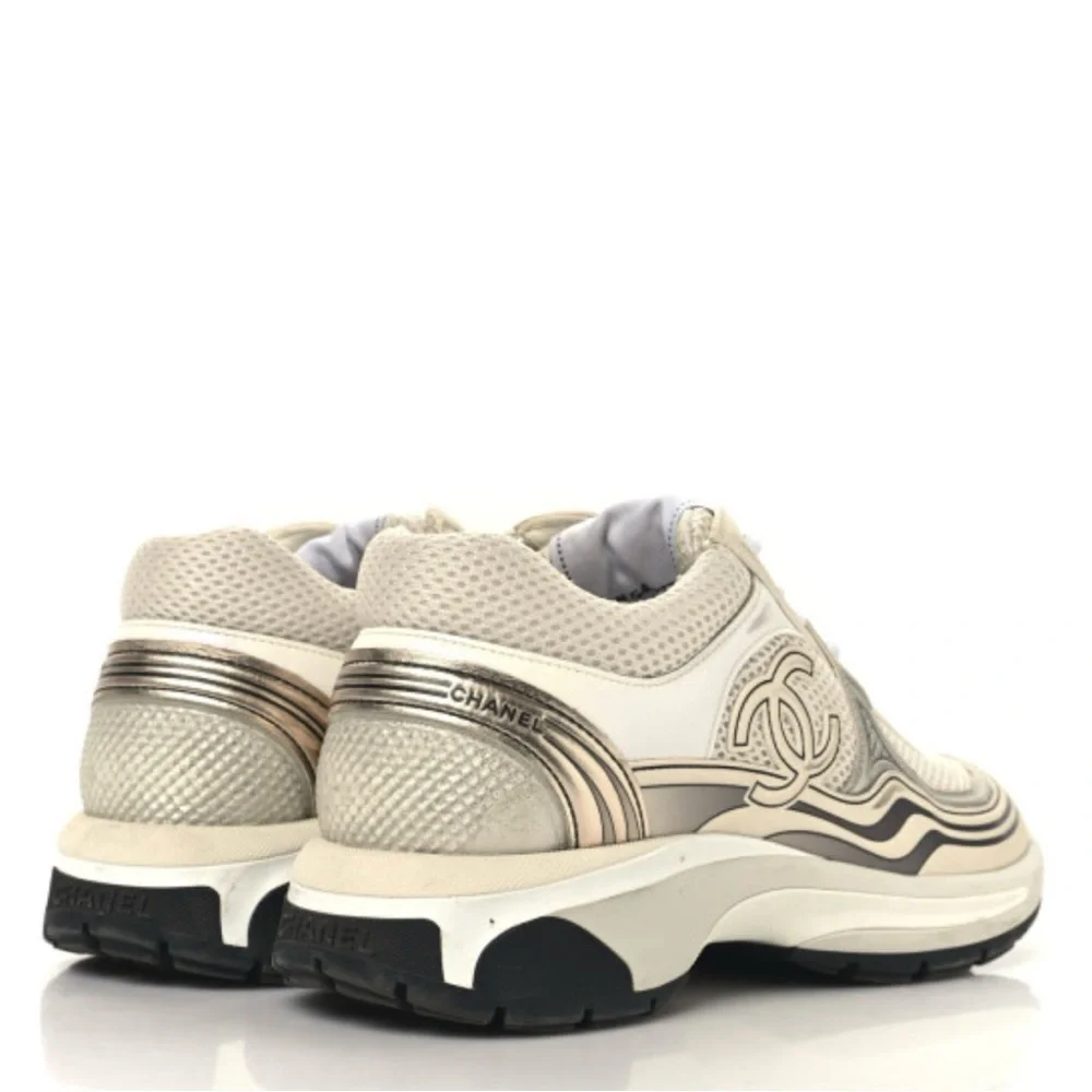 CHANEL Cream White Beige Mesh Logo Sneakers